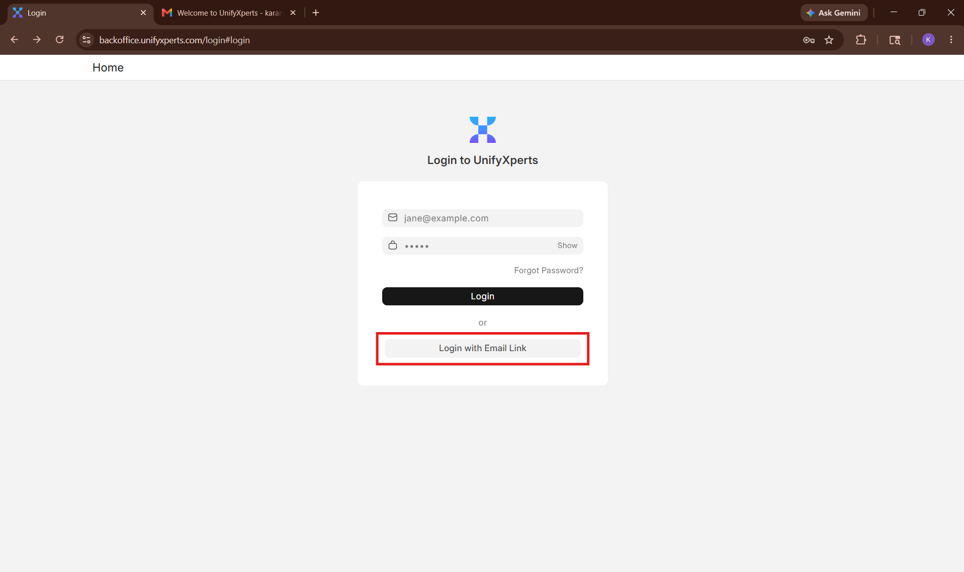 Login page showing the Login with Email Link button